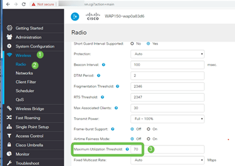 Navigate to Wireless > Radio. You are automatically under Radio 1 (5 GHz). Under Maximum Utilization Threshold, the default of 70 should be changed to 0. 