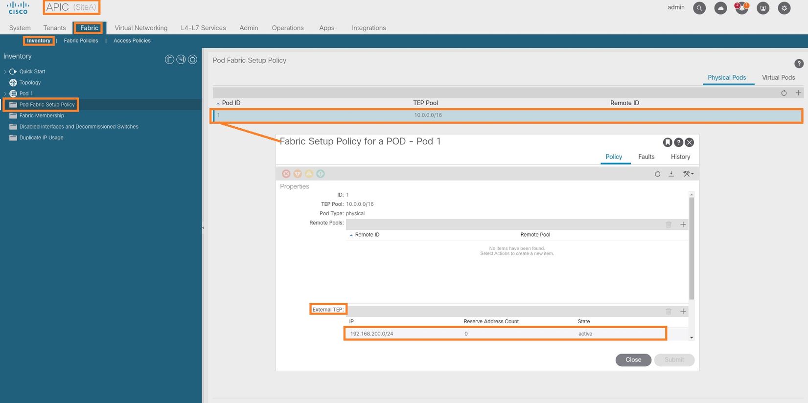 Configure Intersite L3out With ACI Multi-Site Fabrics - Infra Config External TEP Pool