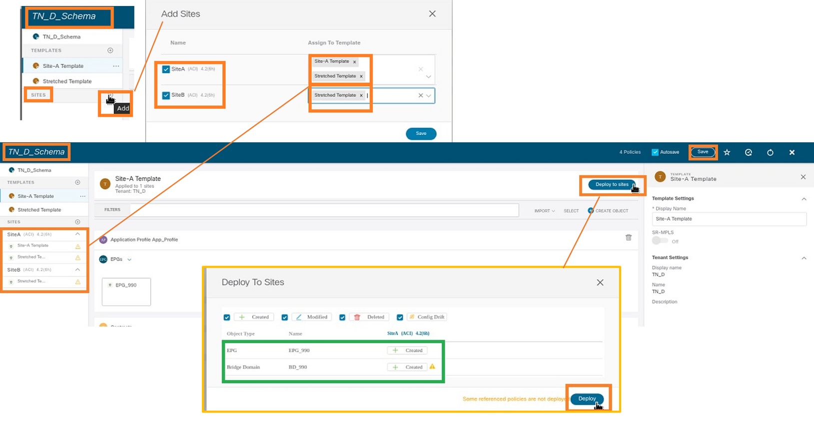 Configure Intersite L3out With ACI Multi-Site Fabrics - Add Sites to a Template