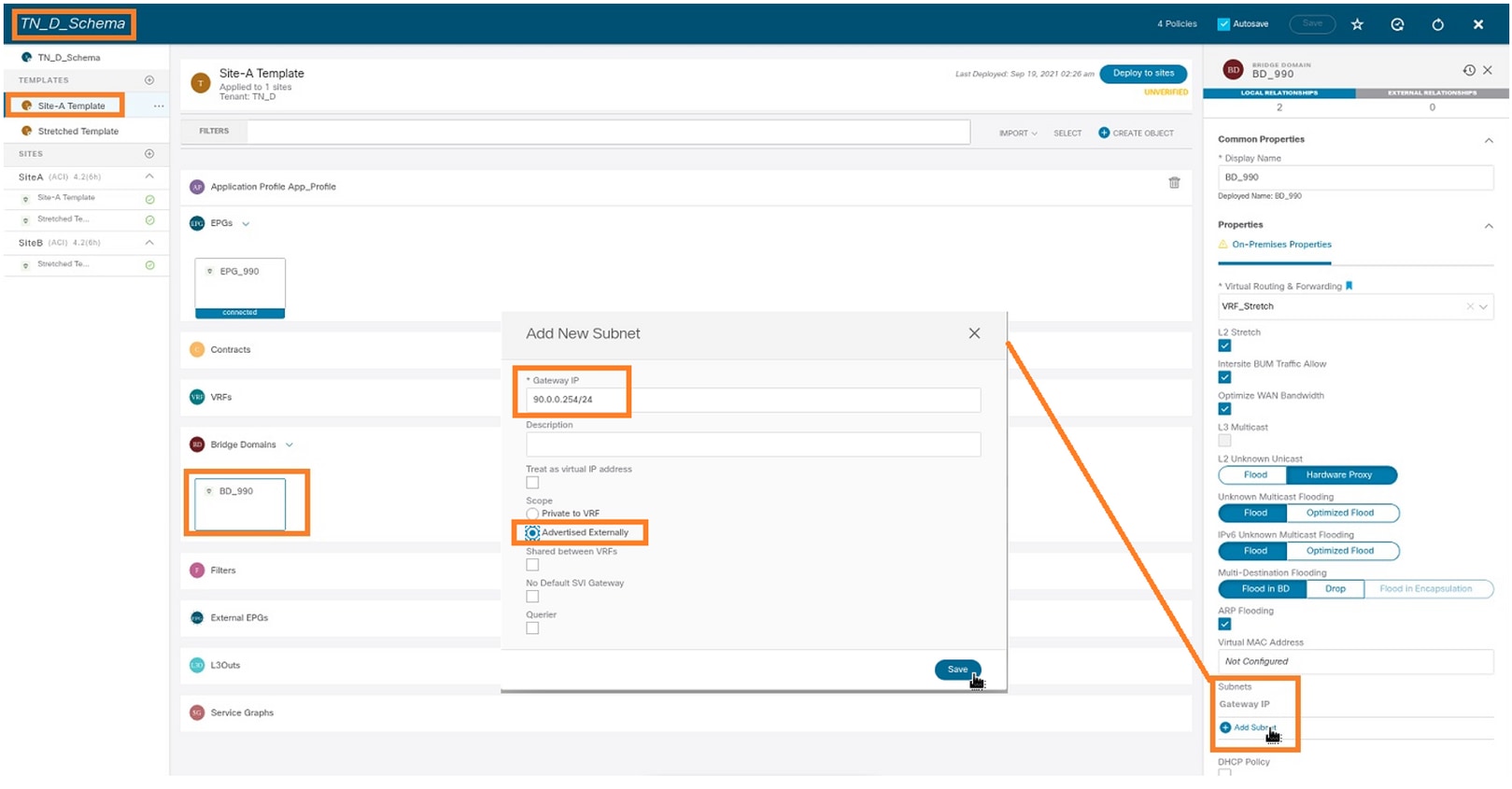 Configure Intersite L3out With ACI Multi-Site Fabrics - Add the Subnet/IP Under BD