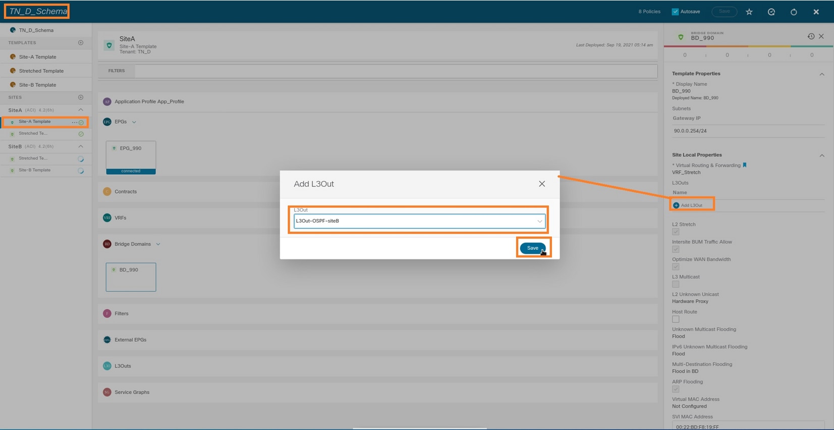 Configure Intersite L3out With ACI Multi-Site Fabrics - Deploy Site-A Template