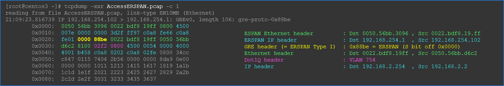 Vista hexadecimal de ERSPAN tipo 1