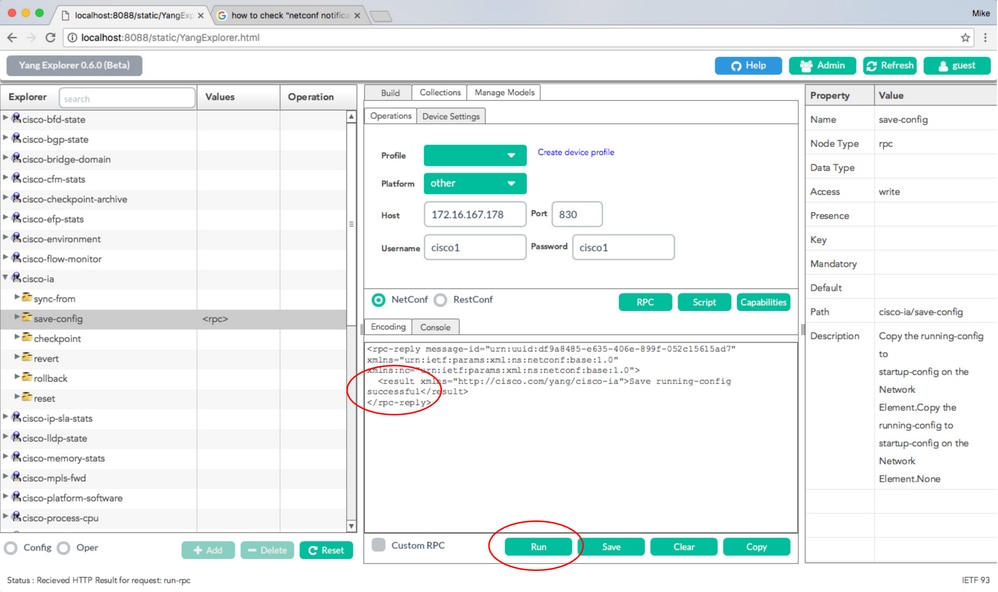 Run est sélectionné pour envoyer le message RPC au Catalyst 3850