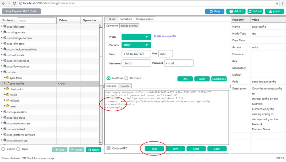 Run est sélectionné pour envoyer le message RPC au Catalyst 3850