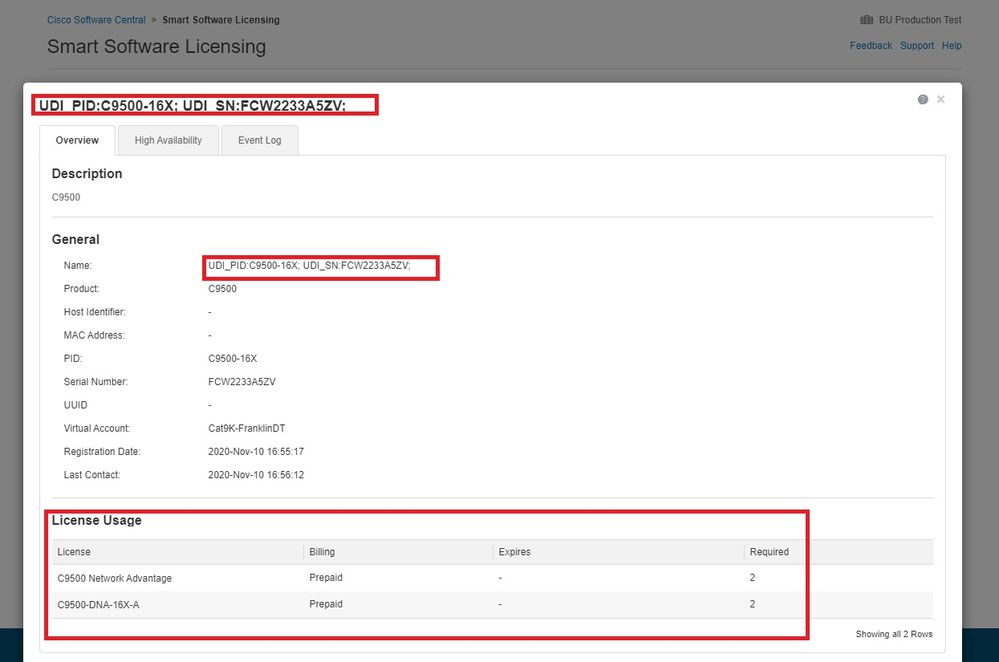 Screenshot del modulo CSM con le informazioni sull'utilizzo del PID attivo e delle licenze