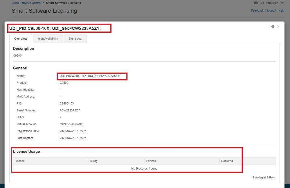 Schermata del modulo CSM con le informazioni sul PID in standby ma senza informazioni sull'utilizzo della licenza