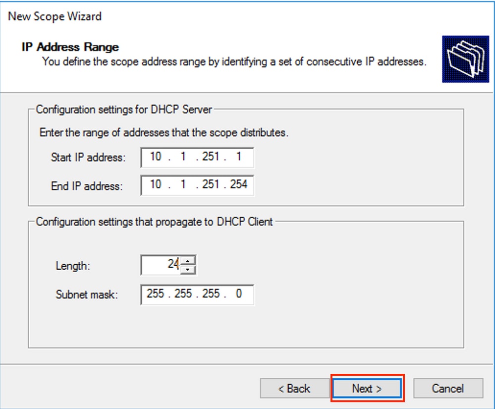 win2016, Define IP address range for the DHCP Scope