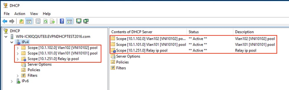 win2016, Defined DHCP Scopes