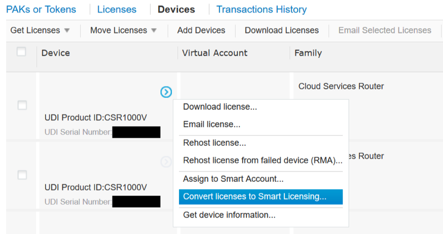 Selecione Converter licenças em Smart Licensing