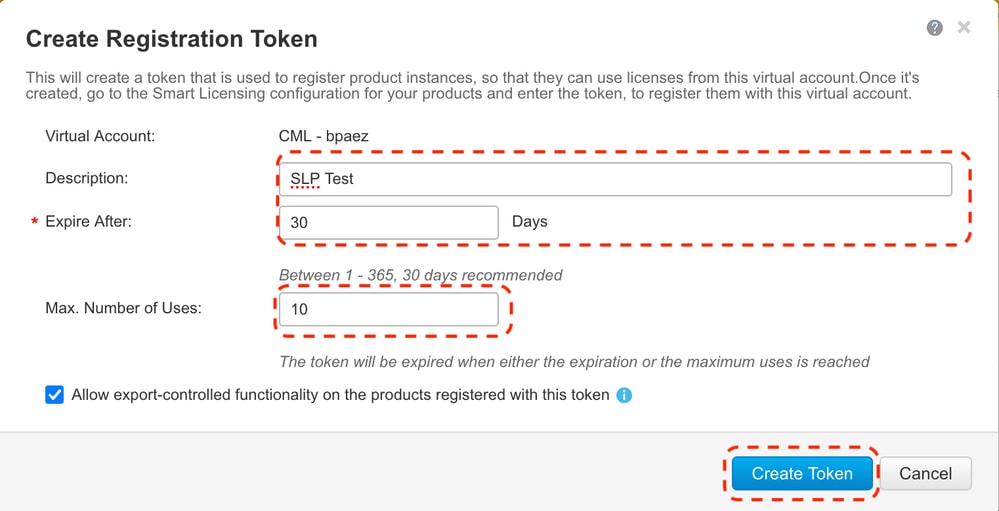 CSSM - Create Registration Token Pop Up