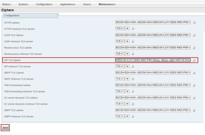 Pagina Impostazioni di crittografia sul portale Expressway Web Admin