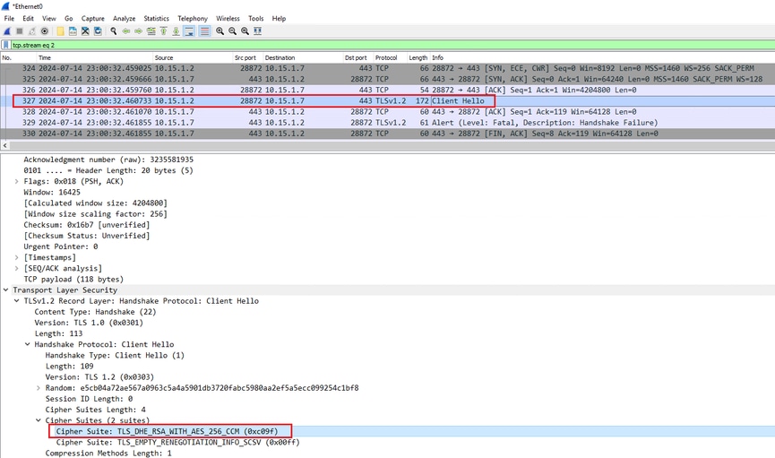 مثال على حزمة ClientHello في Wireshark