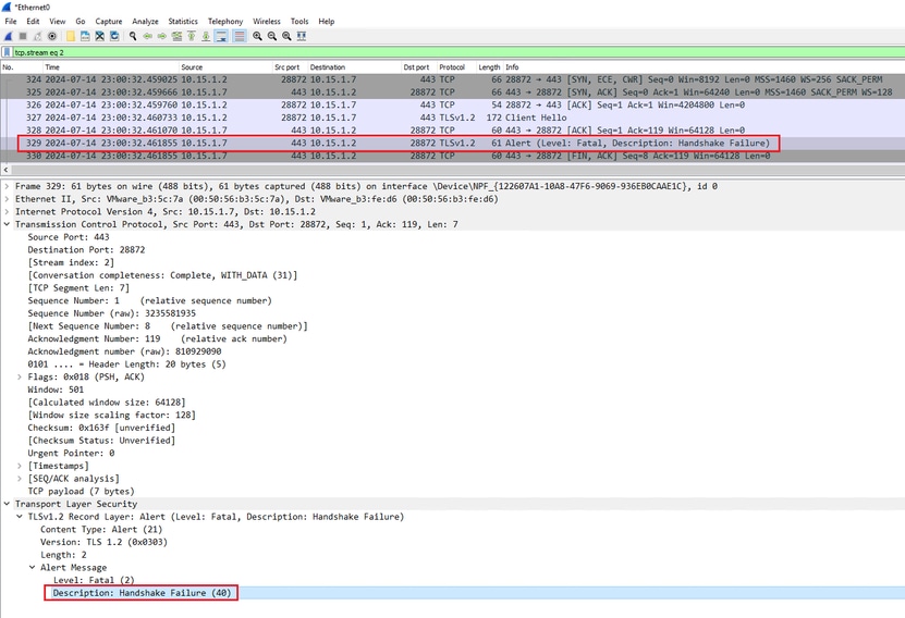 Um pacote de alerta fatal TLS no Wireshark