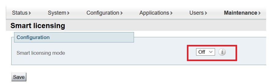 Configure - Ative o Smart Licensing e clique em Salvar