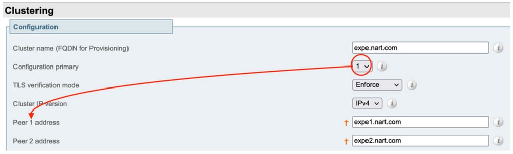 Aggiornamento cluster Expressway/VCS - Pagina Clustering per verificare il peer primario