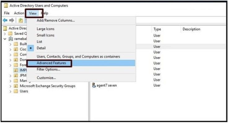 Activer les fonctionnalités avancées pour les utilisateurs et ordinateurs Active Directory.