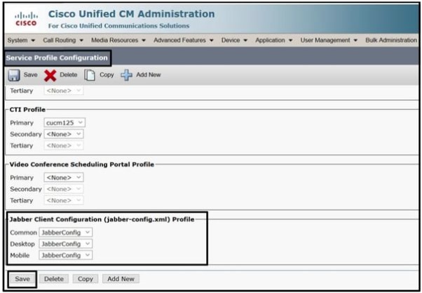 Weisen Sie die erstellte Jabber-Client-Konfiguration dem 'Serviceprofil' zu, und klicken Sie auf die Schaltfläche Speichern.