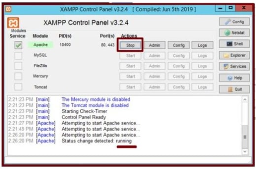 Starten Sie den Apache-Dienst neu, indem Sie die Stopp & Start-Taste drücken.