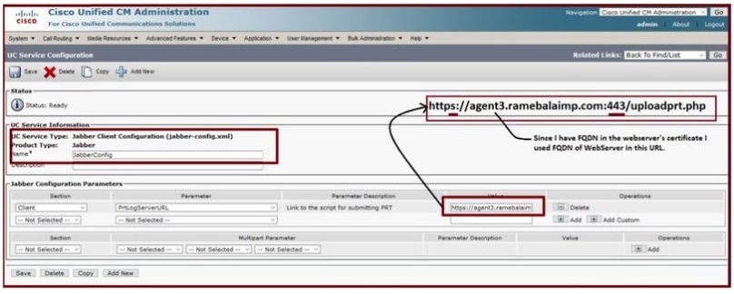 Configurazione dei dettagli del server Web in Configurazione client Jabber (jabber-config.xml).