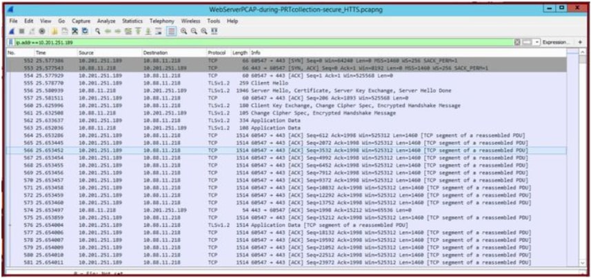 Wireshark-Erfassung auf dem Webserver zeigt, dass die PRT-Dateitransaktionen sicher durchgeführt wurden.