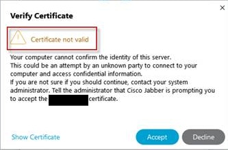 Avertissement de certificat non approuvé Jabber