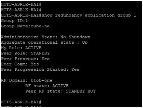 CUBE-1의 'show redundancy application group 1' 명령 출력입니다.