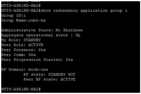 CUBE-2의 'show redundancy application group 1' 명령 출력입니다.