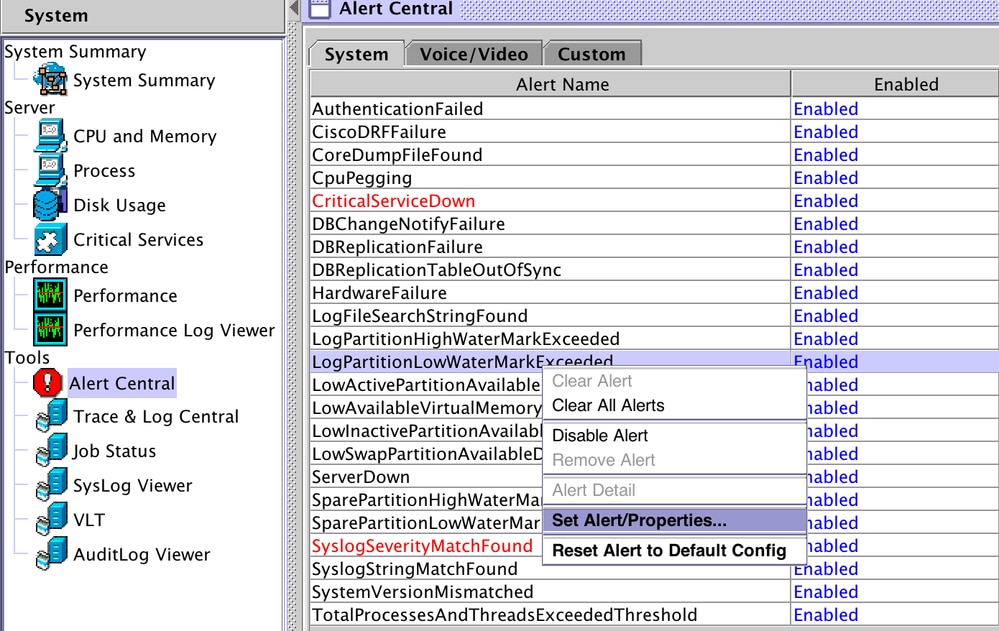 Regolare Low WaterMark in Alert Central in RTMT.