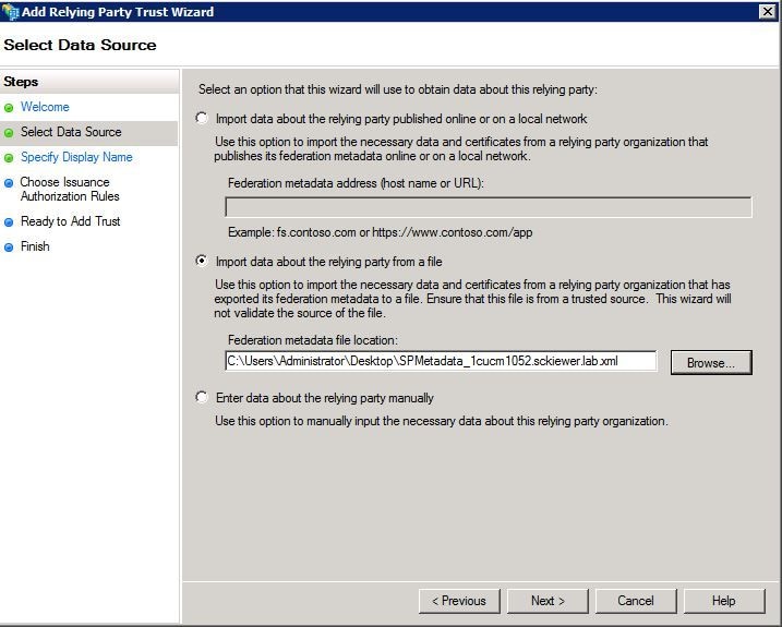 SSO with CUCM and AD FS - Import CUCM metadata to AD FS server - Select data source