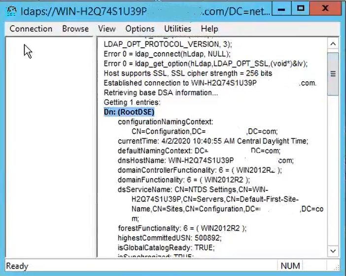 Met succesvolle verbinding op poort 636 wordt RootDSE Info in het rechterdeelvenster afgedrukt