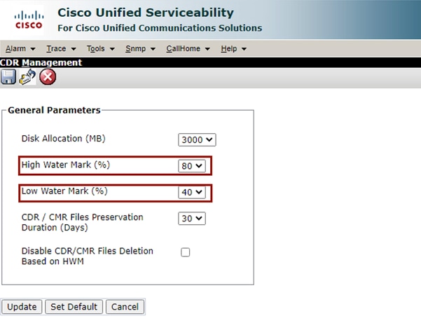 Ecran CDR Management Modify General Parameters