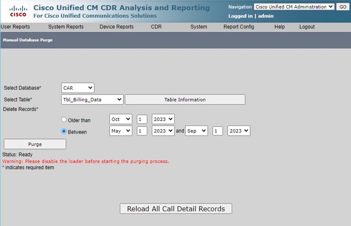 Schermata di eliminazione manuale del database