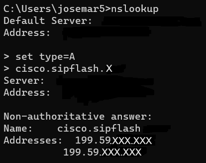 nslookup cisco sipflash