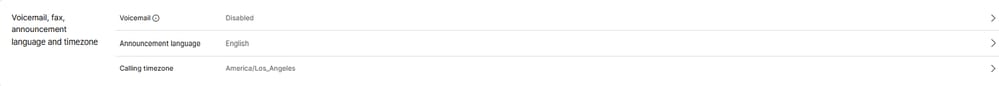 Voicemail, Fax, Ankündigungssprache und Zeitzone
