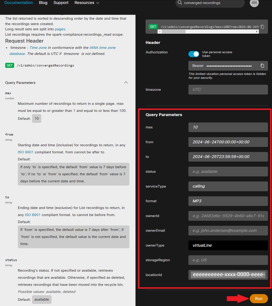 Pulsante Esegui e parametri query