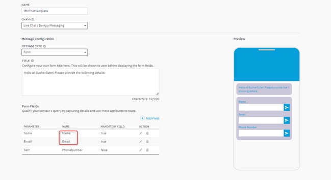 Chat template verify Name and Email fields