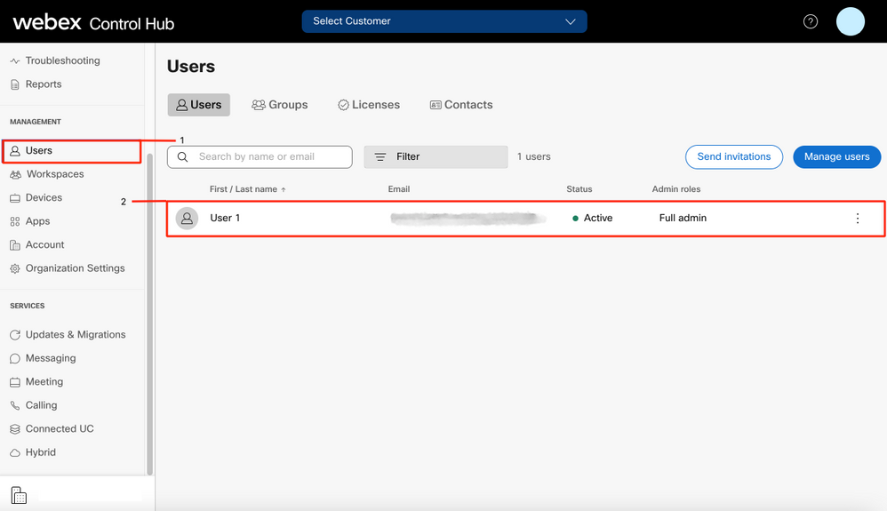 Webex Control Hub - User 1 Calling is Active