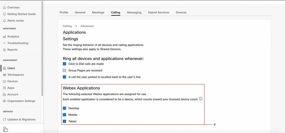 Users - Webex Applications Assigned Use