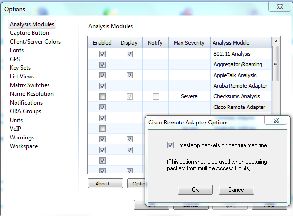 Opciones del adaptador Omnipeek