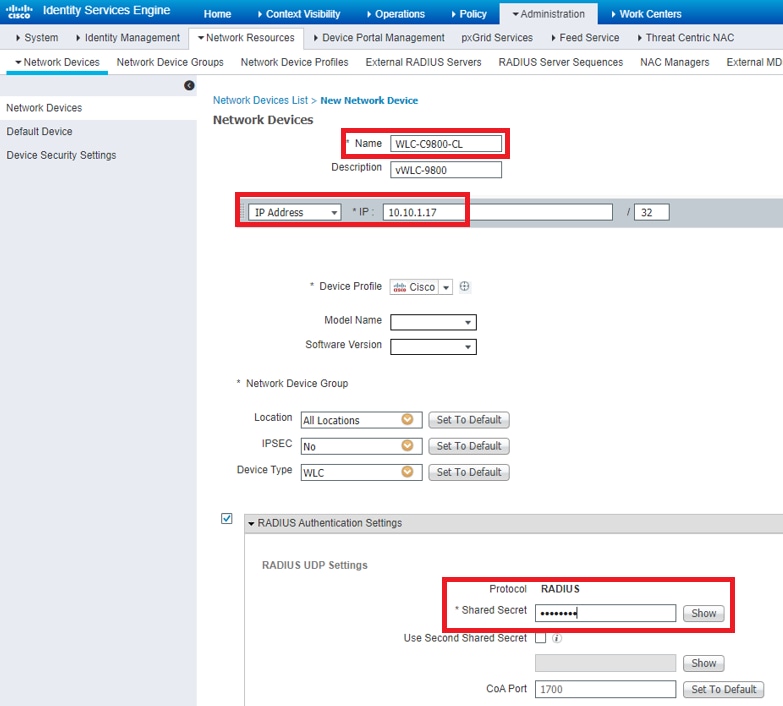 Configurazione con indirizzo IP di gestione WLC e segreto condiviso Radius tra WLC e ISE