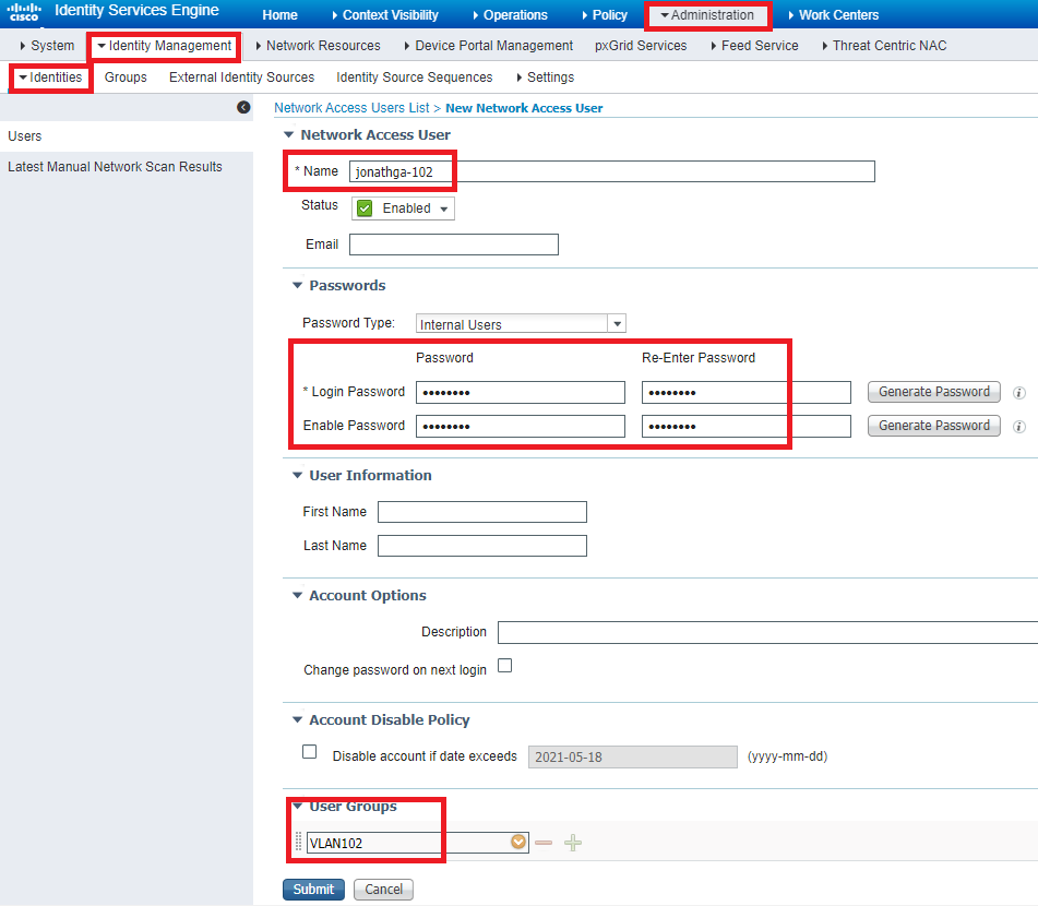 Configuration avec le nom d'utilisateur, le mot de passe et le groupe d'utilisateurs