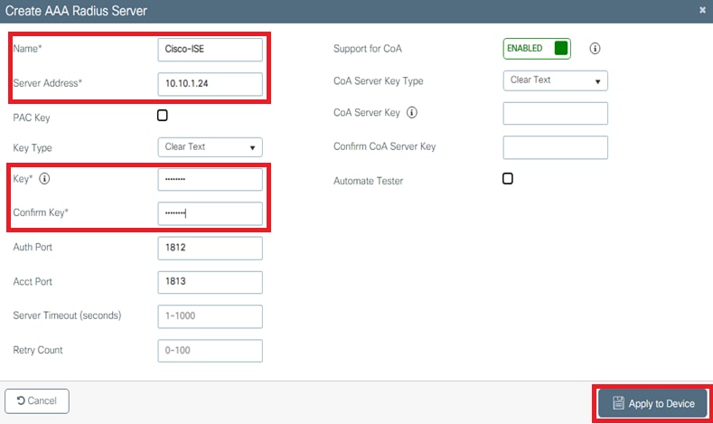 Saisissez les informations du serveur RADIUS