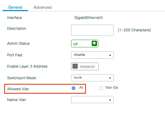 Se si usano TUTTI GLI ID VLAN, la configurazione è correlata all'impostazione dell'interfaccia