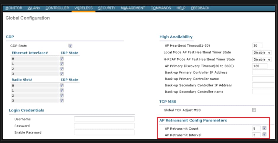 Option to Change AP Retransmit Config Parameters under Global Configuration