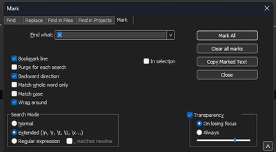 Notepad++ mark dialog box with Find what field with the chevron character inside.