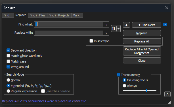 Notepad++ Replace dialog box with Find what field filled by a colon and a space.