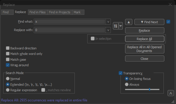 Notepad++ Replace dialog box with Find what field filled with the character x