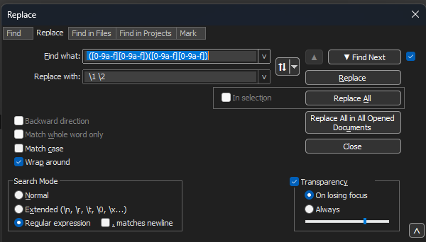 Cuadro de diálogo Reemplazar Bloc de notas++