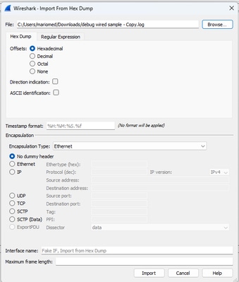 Cuadro de diálogo Importar Wireshark