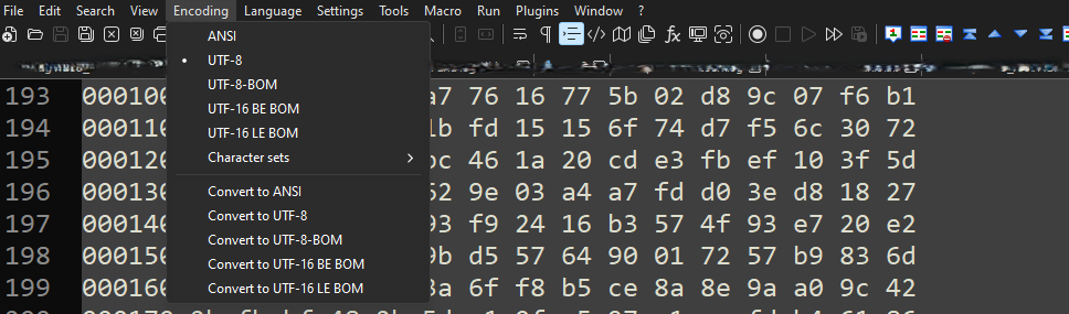 Menüoptionen für die Notepad++-Codierung.